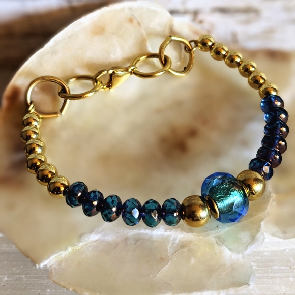 Blue Glass and Gold Beads in Gold Plated Beaded Bracelet - Picture 4 of 6